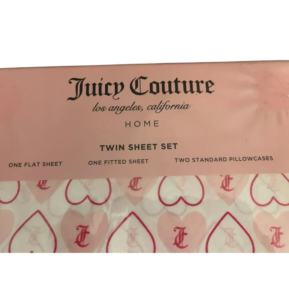 Juicy Couture Twin Sheet Set Hearts Pink 4 Pc Flat Fitted Pillowcases New
